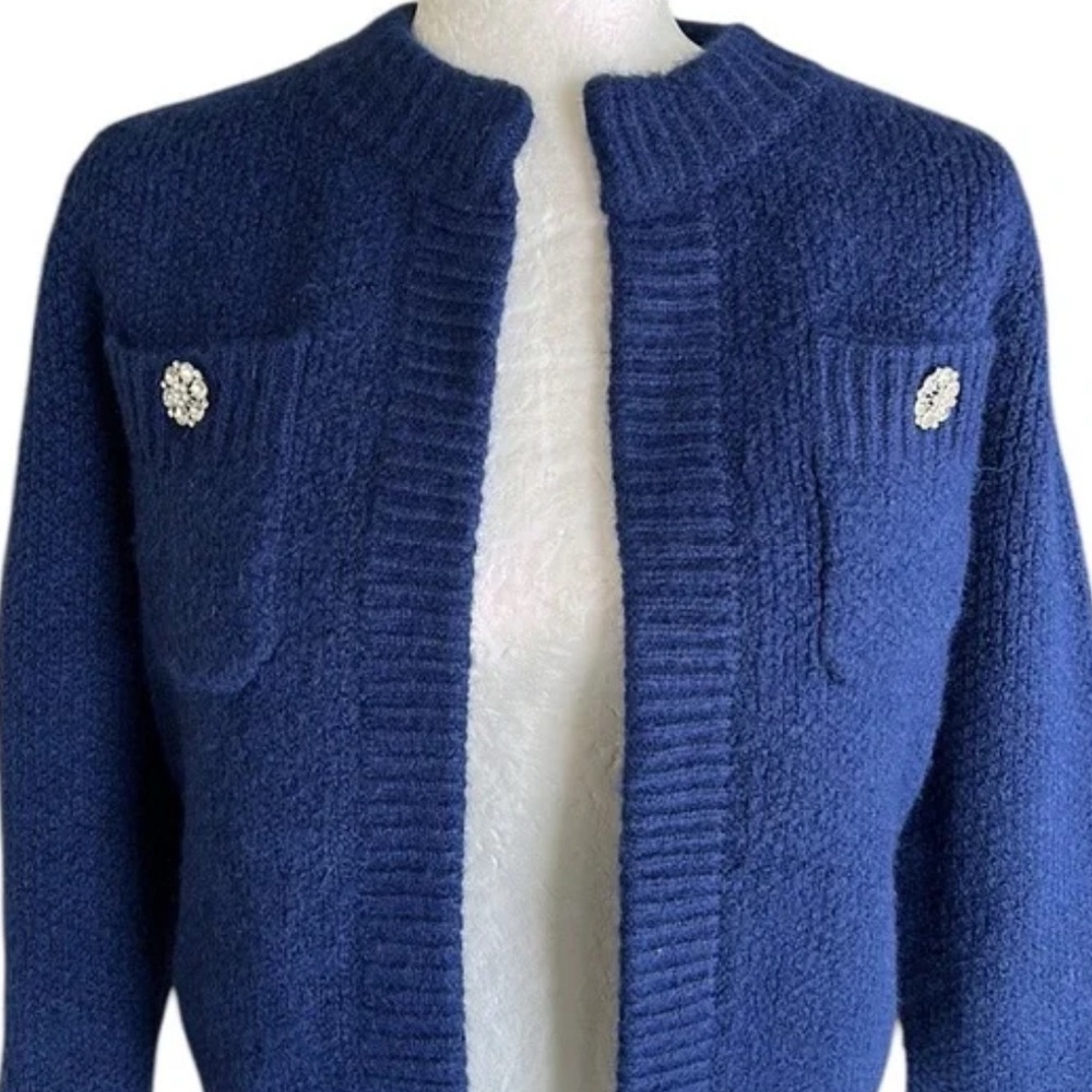 Ann Taylor New Blue Knit Sweater Jacket with Jeweled Button Pockets - Picture 3 of 7